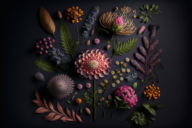 Variedade de folhas e flores em fundo escuro