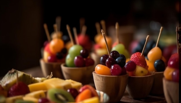 Variedade de frutas frescas na IA generativa de mesa de madeira