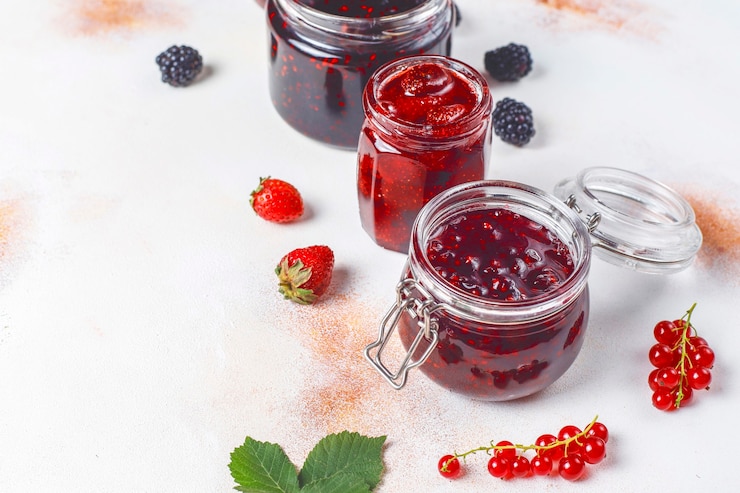 Foto grátis variedade de geléias de frutas vermelhas, vista de cima