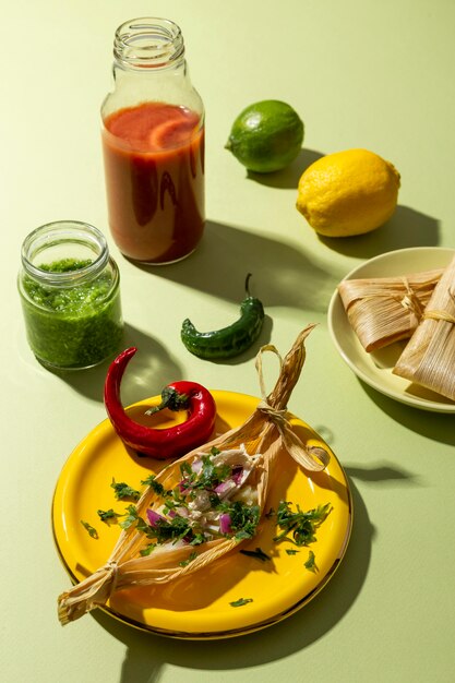Variedade de ingredientes tamales em uma mesa verde