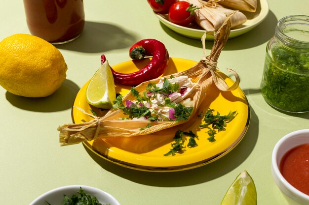 Variedade de ingredientes tamales em uma mesa verde