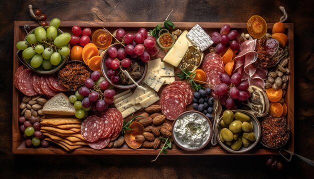 Foto grátis variedade de lanches gourmet em mesa rústica gerada por ia