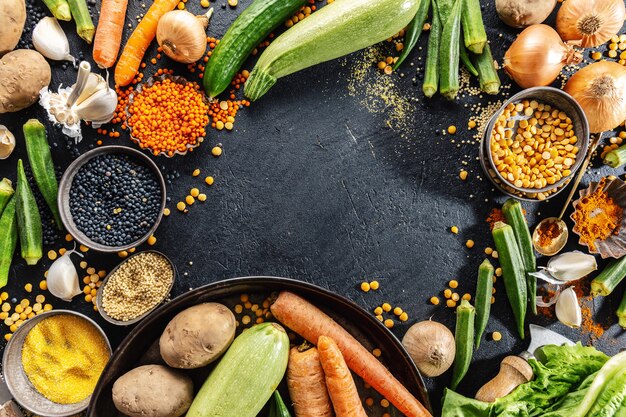 Variedade de legumes frescos saborosos em fundo escuro