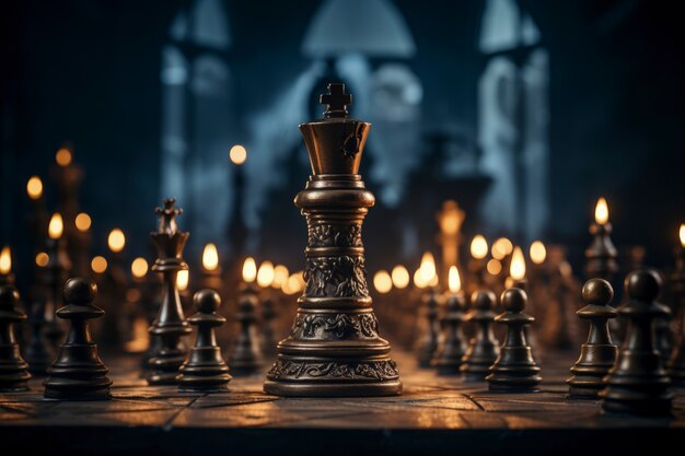 Variedade de peças de xadrez com cenário dramático