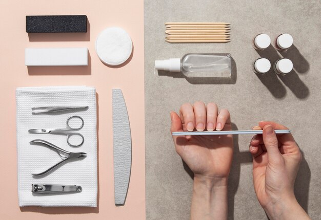 Variedade de produtos para o cuidado das unhas na natureza morta