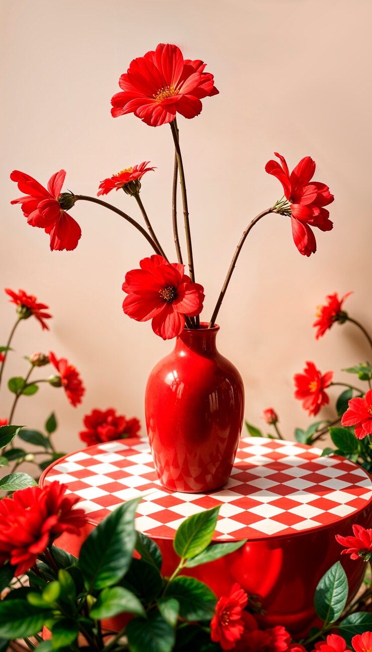 Foto grátis vaso de cores quentes com flores vermelhas