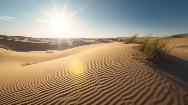 Vastas dunas de areia que se estendem até o horizonte sob o sol escaldante