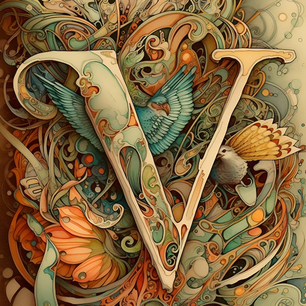 Foto grátis vector desenhado à mão letra vintage ornamentada v com pássaro e flores