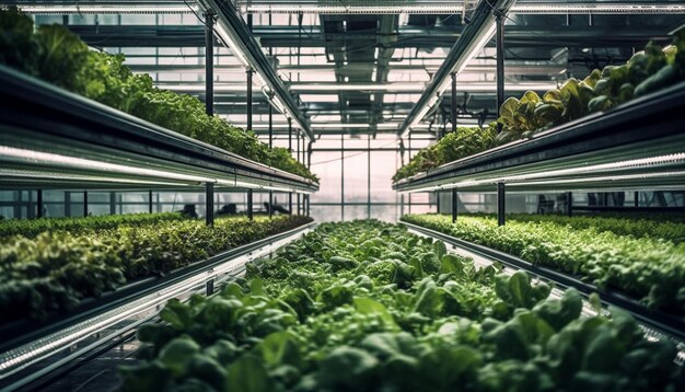 Vegetais orgânicos frescos cultivados dentro de casa em hidroponia gerada por IA