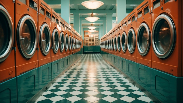 Veja dentro de uma sala de lavanderia com decoração vintage e máquinas de lavar roupa
