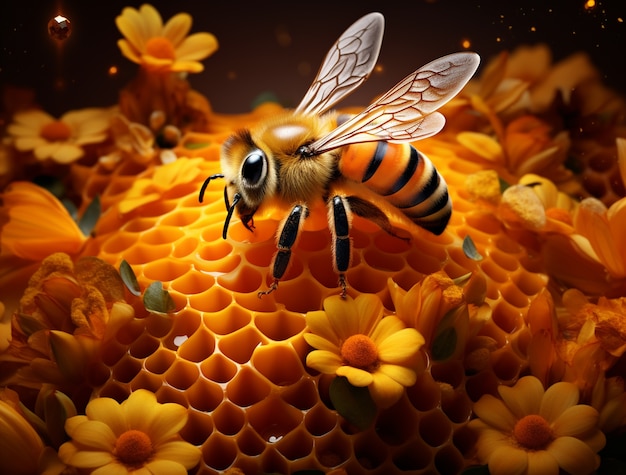 Foto grátis veja inseto abelha 3d com favo de mel e flores
