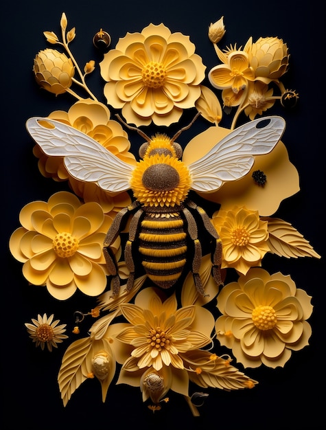 Veja inseto abelha 3d com flores