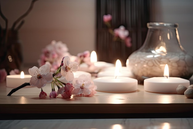 Velas cor de rosa com flores cor de rosa e pedras zen no banheiro Tratamento de spa de beleza e conceito de relaxamento Ai generative
