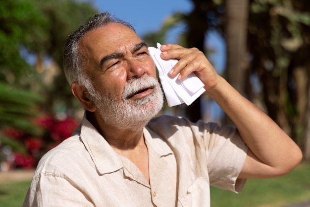 Velho lutando com alta temperatura