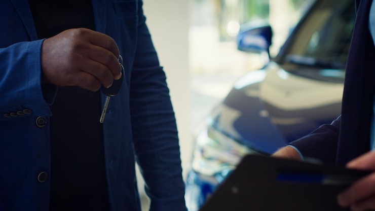 Foto grátis vendedor de carros em uma concessionária assinando contrato com clientes apertando as mãos