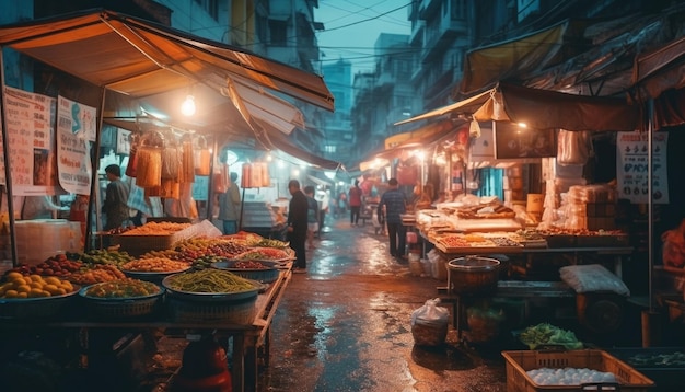 Vendedores do mercado noturno que vendem frutos do mar multicoloridos e frutas geradas por IA