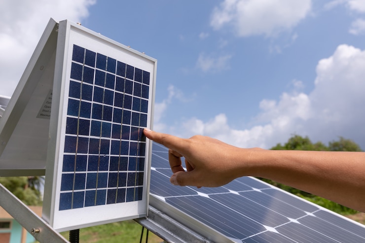 Foto grátis verificações de estação de painéis solares fotovoltaicos