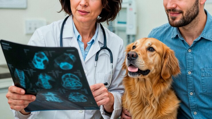 Foto grátis veterinário examinando a radiografia do cão com o dono