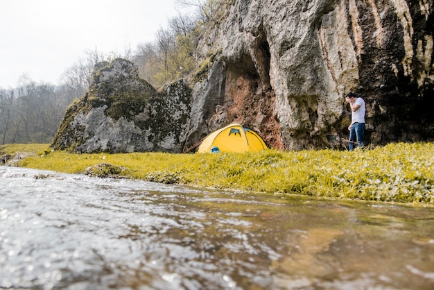 Viajante, preparar, acampamento