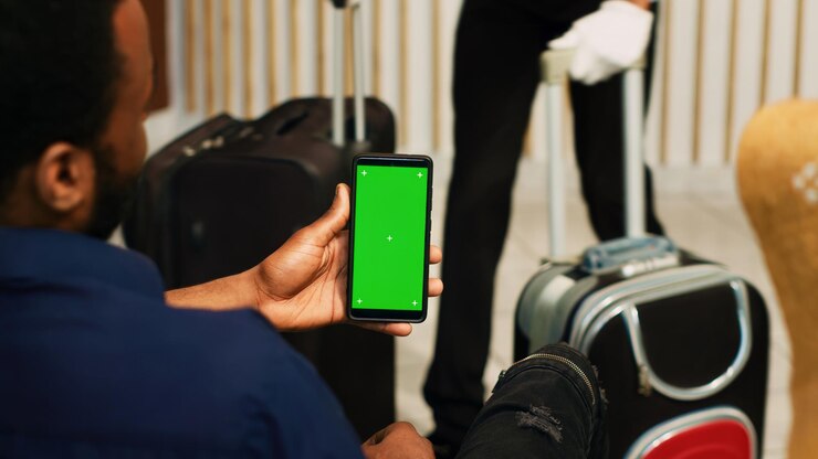 Foto grátis viajantes usando ecrã verde no telefone, sentados na sala de estar do hotel e olhando para o mockup copyspace. casal à espera do procedimento de registro, segurando um smartphone com exibição chromakey.