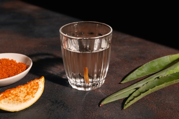 Foto grátis vida morta de bebida de mezcal com verme maguey