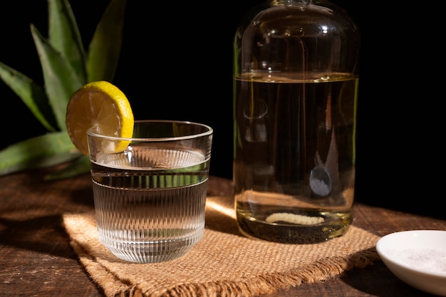 Foto grátis vida morta de bebida de mezcal com verme maguey