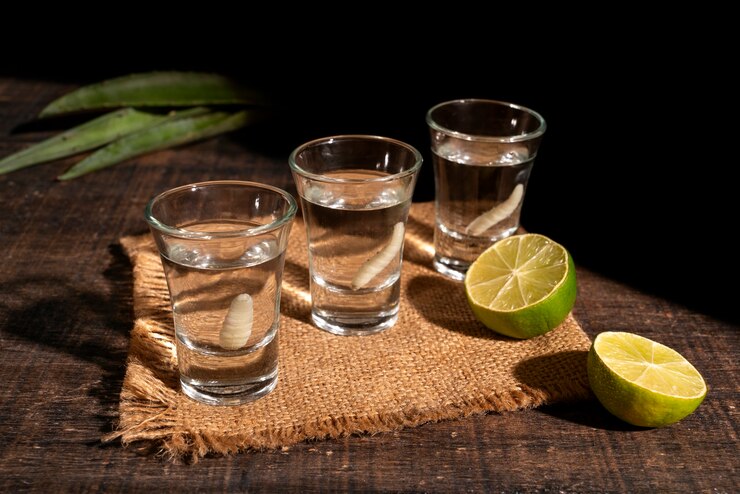 Foto grátis vida morta de bebida de mezcal com verme maguey