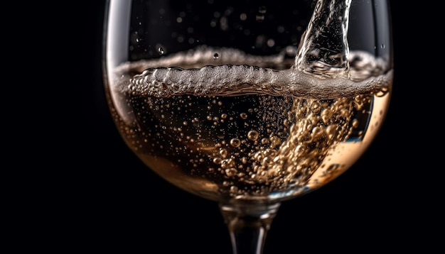 Vidro de vinho de luxo derramando líquido dourado refletindo elegância e celebração gerada por inteligência artificial