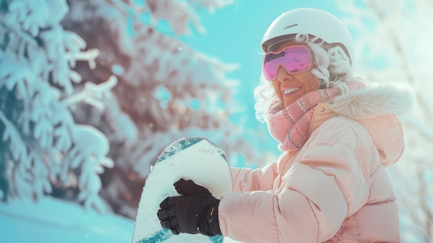 Foto grátis view of woman snowboarding with pastel shades and dreamy landscape