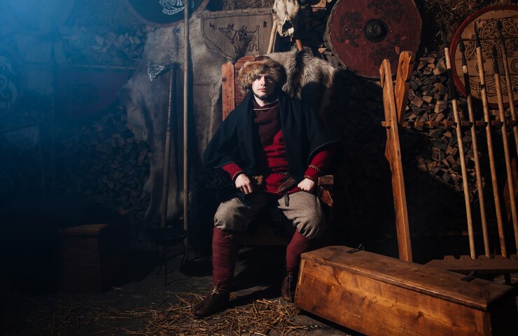 Foto grátis viking posando contra o antigo interior dos vikings.