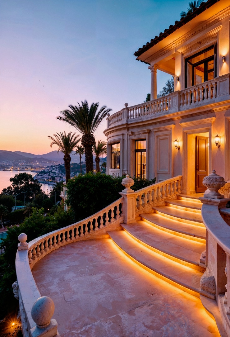 Foto grátis villa de luxo com escada iluminada ao pôr-do-sol