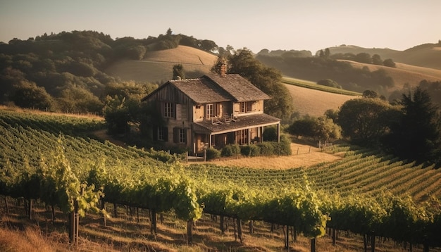 Foto grátis vinícola rústica aninhada em uma paisagem idílica de vinhedos gerada por ia