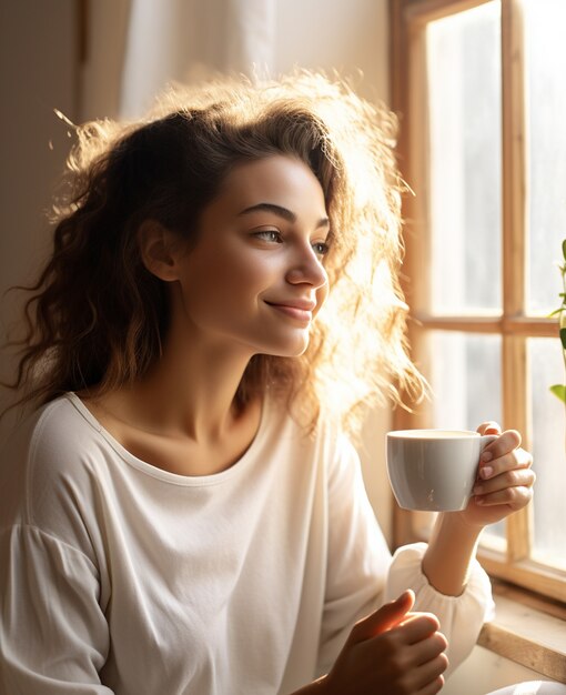 Visão da mulher segurando a xícara de café