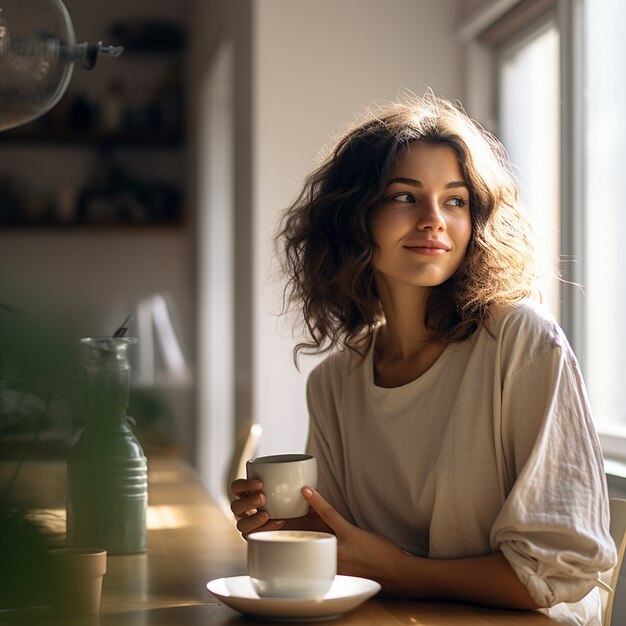 Visão da mulher segurando a xícara de café