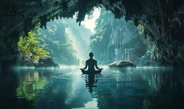 Foto grátis visão de um homem praticando mindfulness e ioga em um cenário de fantasia