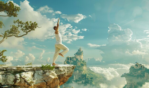 Visão de um homem praticando mindfulness e ioga em um cenário de fantasia