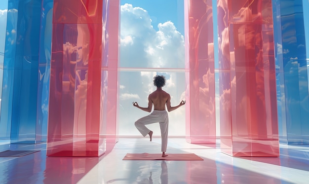 Foto grátis visão de um homem praticando mindfulness e ioga em um cenário de fantasia