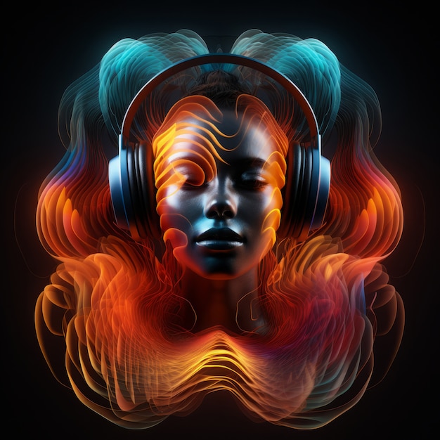 Visão de uma pessoa futurista ouvindo música em fones de ouvido