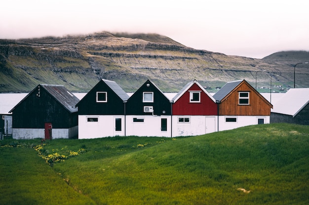 Visão horizontal de casas de fazenda coloridas na costa em terreno de grama verde