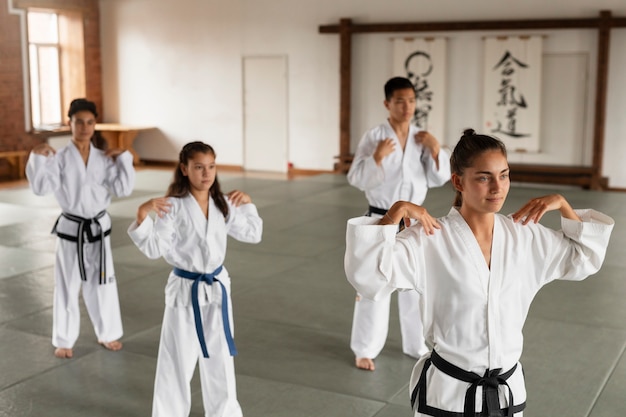 Visão lateral de pessoas asiáticas a praticar taekwondo