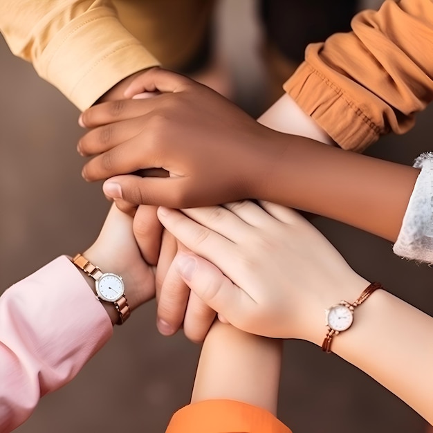 Foto grátis visão recortada de amigos multiculturais de mãos dadas em fundo marrom conceito de trabalho em equipe