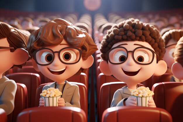 Vista 3D de crianças assistindo a um filme no cinema