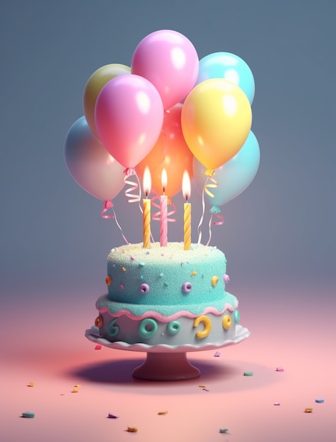 Vista 3D de um delicioso bolo com balões