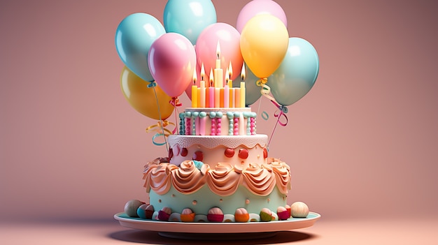 Vista 3D de um delicioso bolo com balões
