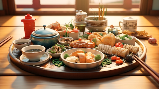 Vista 3d do jantar de reunião comida para a celebração do ano novo chinês