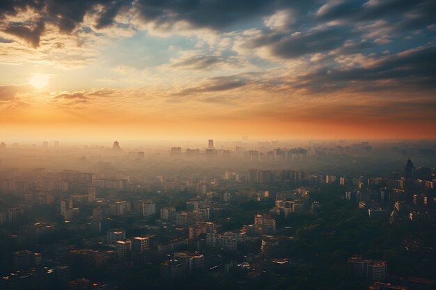 Vista aérea da cidade nevoenta