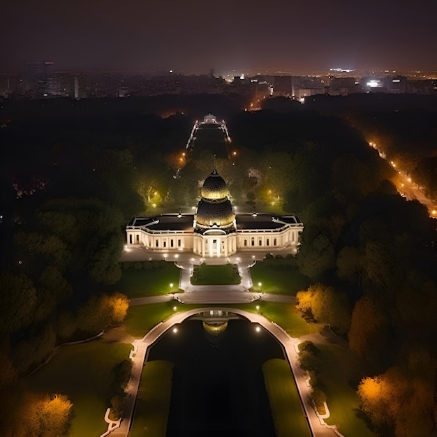 Vista aérea da Galeria Nacional da França em Paris à noite