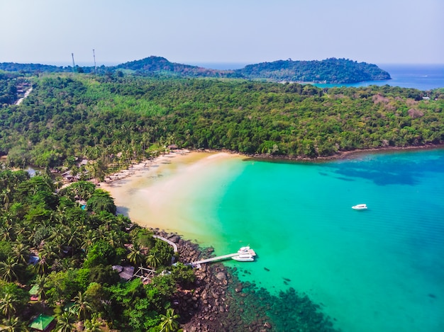 Foto grátis vista aérea, de, bonito, praia, e, mar, com, coqueiro, árvore