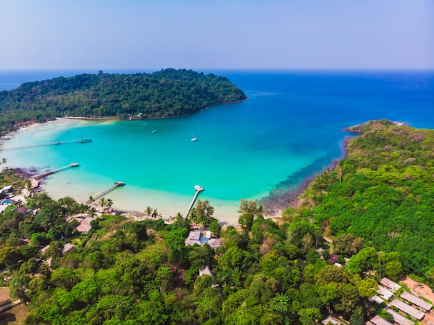 Vista aérea, de, bonito, praia, e, mar, com, coqueiro, árvore