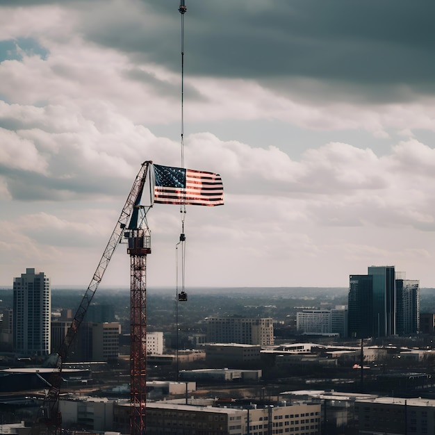 Foto grátis vista aérea de um canteiro de obras com um guindaste e uma bandeira americana